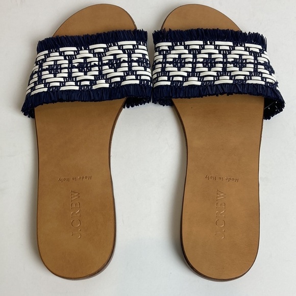 J. Crew Navy and White Raffia Slide Sandals Size 8 Made in Italy Vacation Boho - Picture 10 of 16